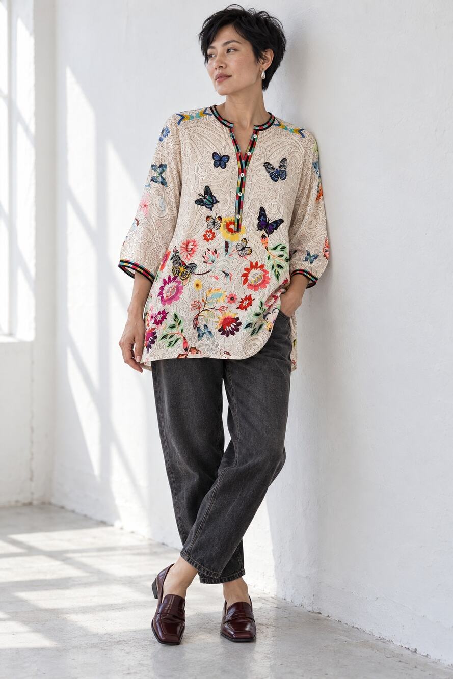 Johnny Was Kendra Silk Tunic Ivory Floral Butterfly Embroidered Boho Blouse M